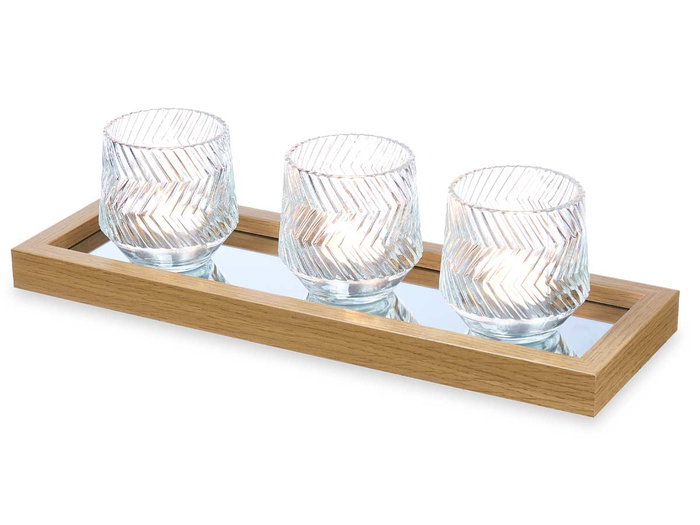 Giftdecor Centro Mesa Bandeja Espejo 3 Portavelas Plástico y Vidrio Dorado y Transparente 36x12x9.5 cm (Set de 4)