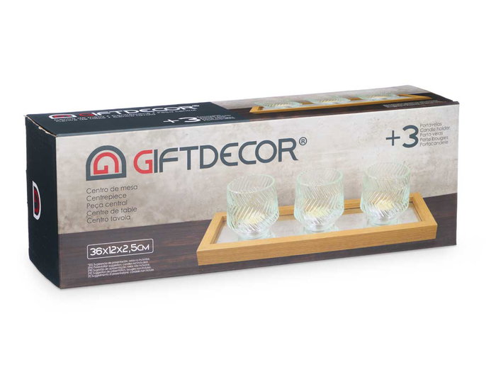 Giftdecor Centro Mesa Bandeja Espejo 3 Portavelas Plástico y Vidrio Dorado y Transparente 36x12x9.5 cm (Set de 4)