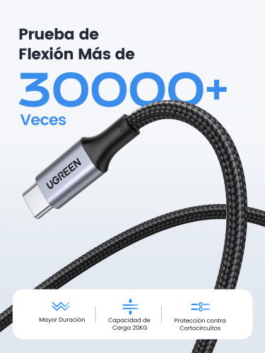 UGREEN 70427 Cable USB-C a USB-C 2.0 1m 100W Carga Rápida Negro/Plata