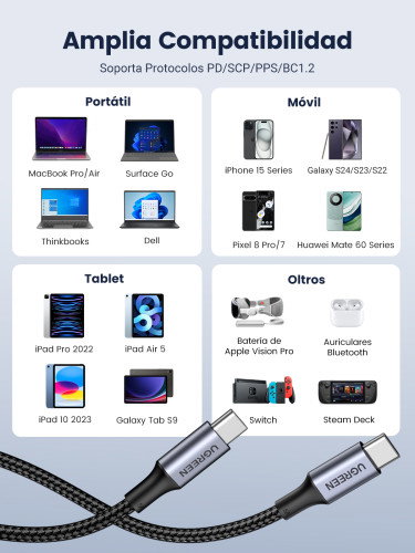 UGREEN 70427 Cable USB-C a USB-C 2.0 1m 100W Carga Rápida Negro/Plata