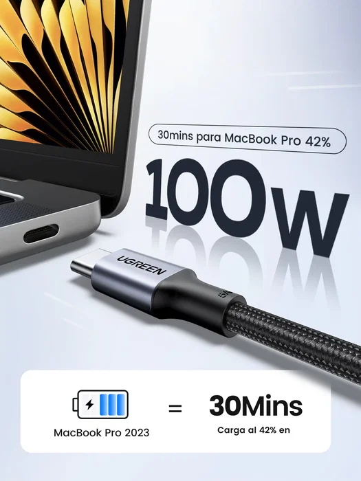 Ugreen Cable USB-C a USB-C 70427, 1 m, 100 W, Negro/Plata Ugreen Cable USB-C a USB-C 70427, 1 m, 100 W, Negro/Plata