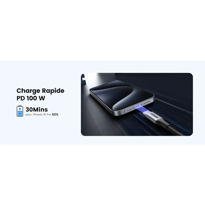 Ugreen Cable USB-C a USB-C Reforzado 100W Carga Rápida 1m Negro UGR6957303874279