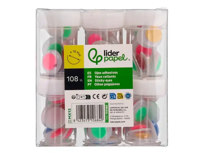Liderpapel Ojos Blancos con Pupila de Colores Surtidos 18 mm Pack 108 Unidades