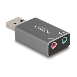DeLOCK Adaptador de Audio USB 2.0 a 3.5 mm Macho a Hembra Plug and Play para PC y Laptop, Externo, Gris, Aluminio, 66633