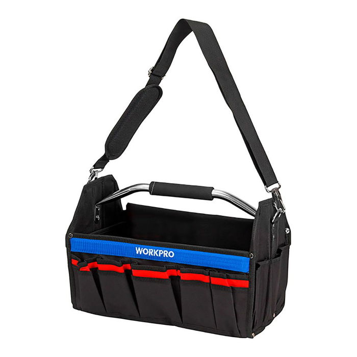 Workpro Bolsa de herramientas plegable 41 x 23,5 x 27 cm de poliéster 600d con asa metálica y correa ajustable