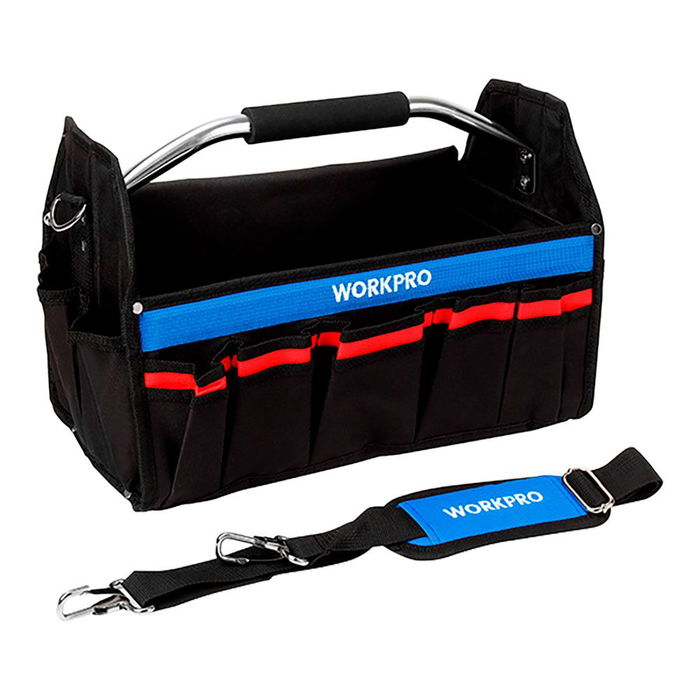 Workpro Bolsa de herramientas plegable 41 x 23,5 x 27 cm de poliéster 600d con asa metálica y correa ajustable