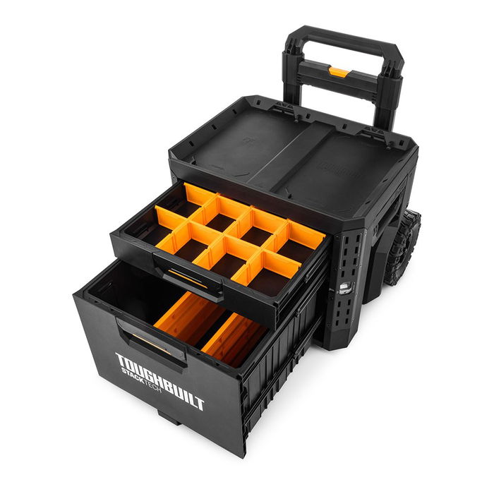 Toughbuilt Caja de Herramientas con Ruedas 2 Cajones Stacktech, Apilable, Mango Telescópico, 113 kg Capacidad, 53 x 40.5 x 47.7 cm