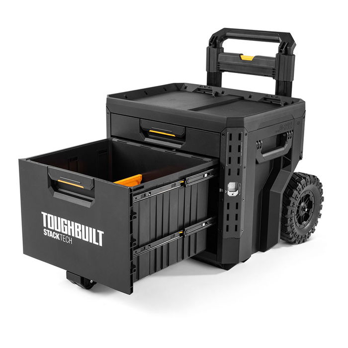Toughbuilt Caja de Herramientas con Ruedas 2 Cajones Stacktech, Apilable, Mango Telescópico, 113 kg Capacidad, 53 x 40.5 x 47.7 cm