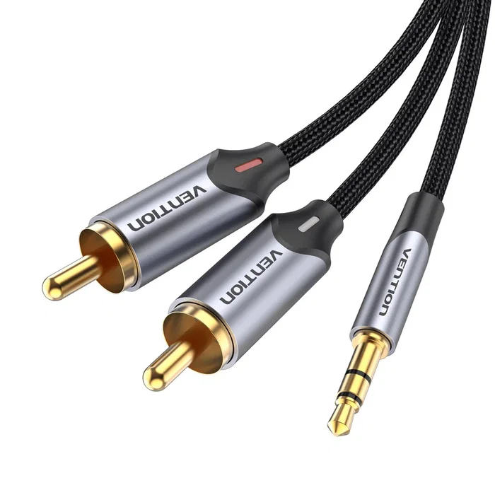 Vention BCNBI Cable de Audio 3,5mm Macho a 2x RCA Macho - 3 Metros, Color Gris, Conector Dorado, Para Altavoces, Amplificador, PC