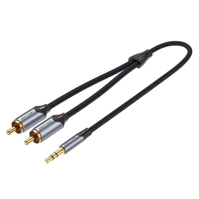 Vention BCNBI Cable de Audio 3,5mm Macho a 2x RCA Macho - 3 Metros, Color Gris, Conector Dorado, Para Altavoces, Amplificador, PC