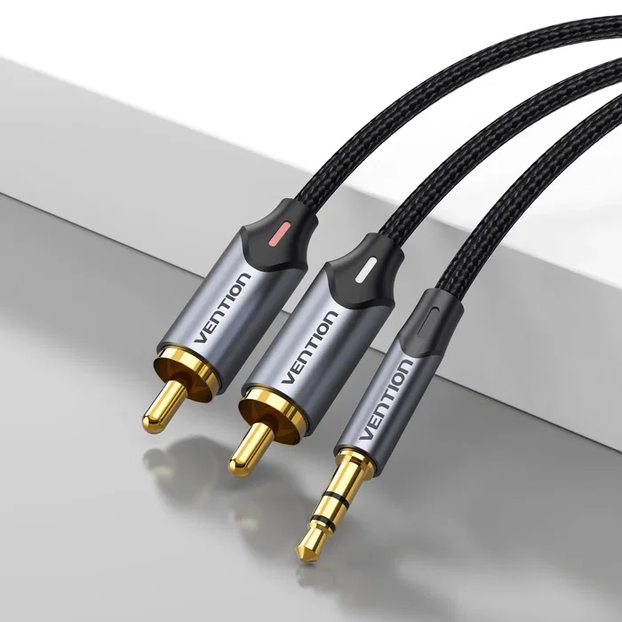 Vention BCNBI Cable de Audio 3,5mm Macho a 2x RCA Macho - 3 Metros, Color Gris, Conector Dorado, Para Altavoces, Amplificador, PC