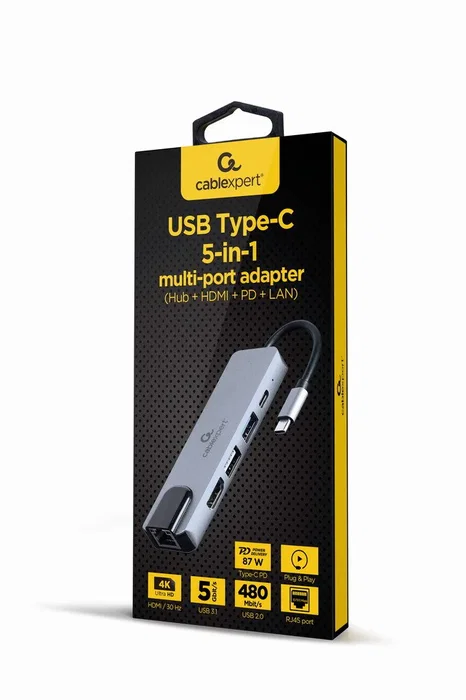 Gembird A-CM-COMBO5-04 Hub USB-C 5 en 1 con HDMI 4K 30Hz, LAN Gigabit, 2 Puertos USB, Carga PD 87W y Base para Portátil - Plata