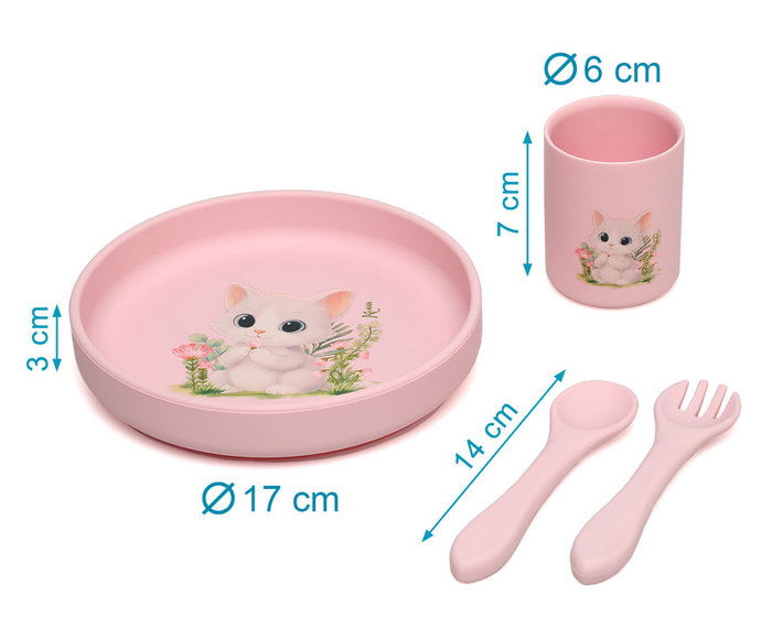 KioKids Set Vajilla Rosa de Silicona con Ventosa para Bebé, 4 Piezas, Plato Tenedor Cuchara y Vaso, Colección Lovely Friends, Edad +6 Meses