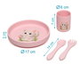 KioKids Set Vajilla Rosa de Silicona con Ventosa para Bebé, 4 Piezas, Plato Tenedor Cuchara y Vaso, Colección Lovely Friends, Edad +6 Meses