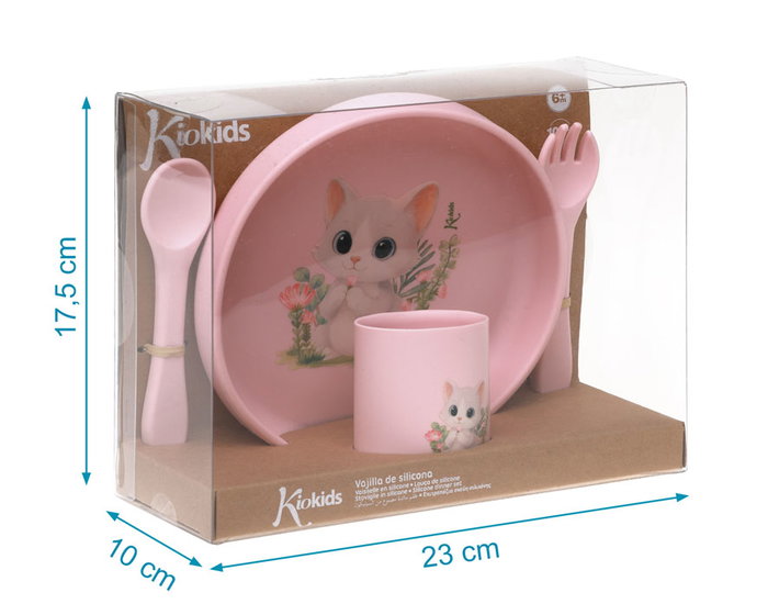 KioKids Set Vajilla Rosa de Silicona con Ventosa para Bebé, 4 Piezas, Plato Tenedor Cuchara y Vaso, Colección Lovely Friends, Edad +6 Meses