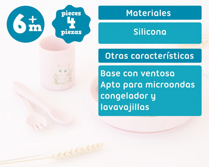 KioKids Set Vajilla Rosa de Silicona con Ventosa para Bebé, 4 Piezas, Plato Tenedor Cuchara y Vaso, Colección Lovely Friends, Edad +6 Meses