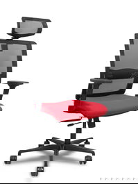 Silla de oficina Haches con mecanismo Sincro/Traslack tapizada con Tela color Rojo y malla color Negro. Equipada con lumbar 1D, Brazos 2D, Cabecero 2D y Ruedas 65mm nailon