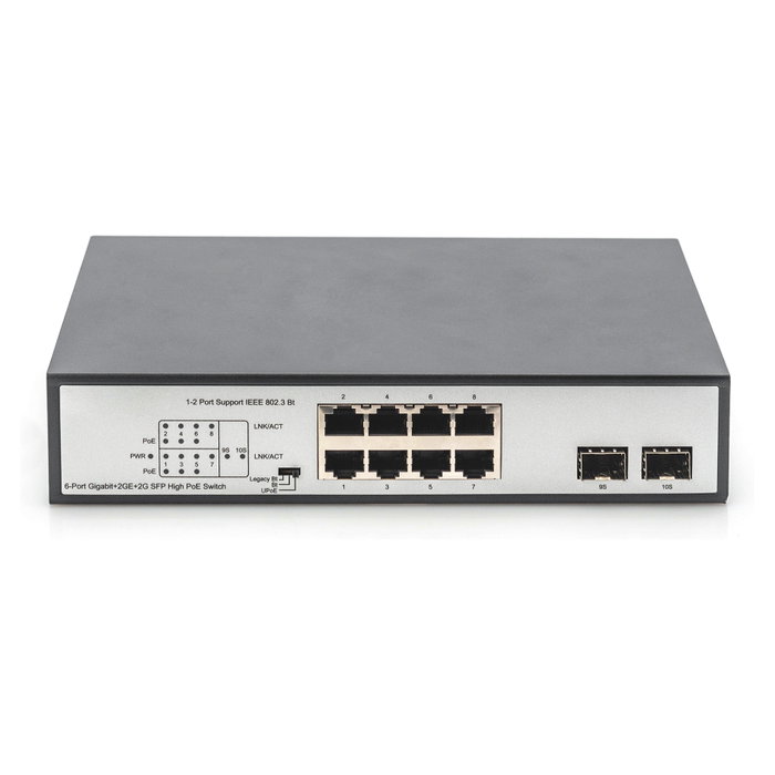 Digitus Conmutador Gigabit No Administrado, 8 Puertos (6 PoE+), 2 SFP, 180W Presupuesto PoE, Negro, Switch de Red