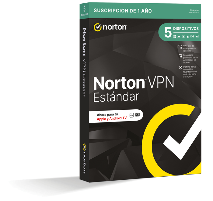 Norton VPN Estándar - Protección Privacidad y Seguridad Online, Acceso Global a Contenidos, Anti-Malware, Anti-Phishing para 5 Dispositivos, 1 Año