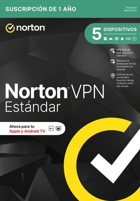 Norton VPN Estándar - Protección Privacidad y Seguridad Online, Acceso Global a Contenidos, Anti-Malware, Anti-Phishing para 5 Dispositivos, 1 Año