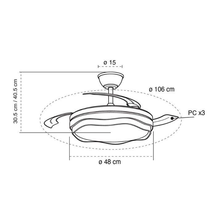Cristalrecord Ventilador de techo LED CCT 3 aspas retráctiles 60W 6600lm Blanco Ø106 cm Altura 30,5-40,5 cm