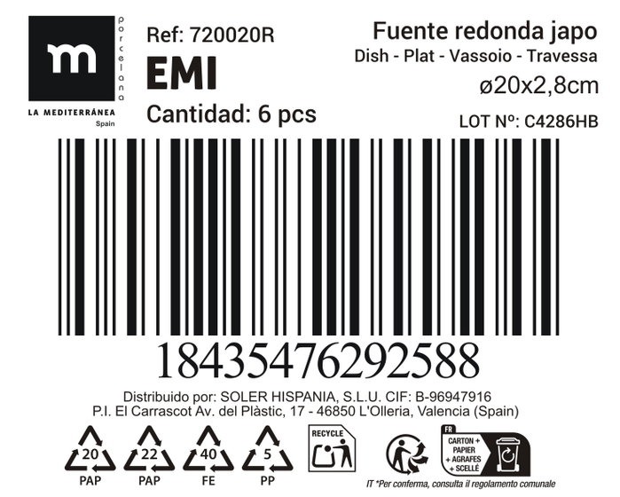 La Mediterranea Fuente Redonda Japo Reac. Emi Ø20 cm (18 Unidades)