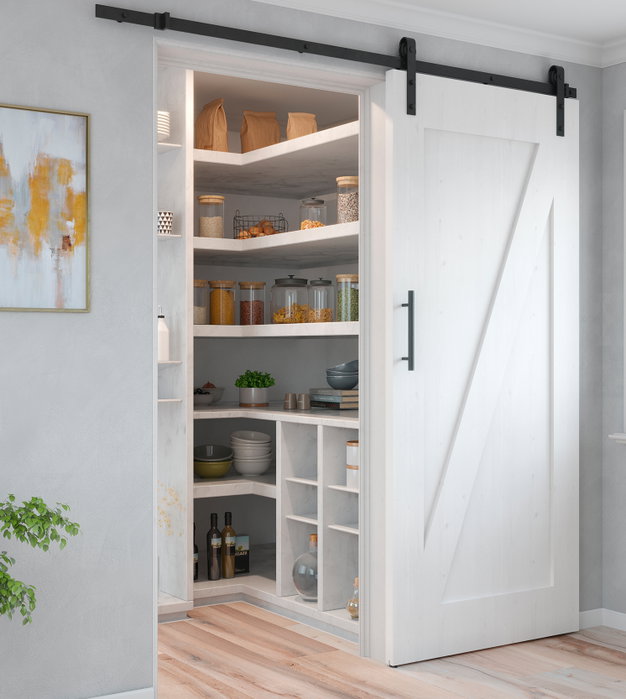 Emuca Kit de herrajes para una puerta corredera colgada de madera Barn, Con cierre suave, tableros no incluidos, Acero y Plástico, Pintado negro