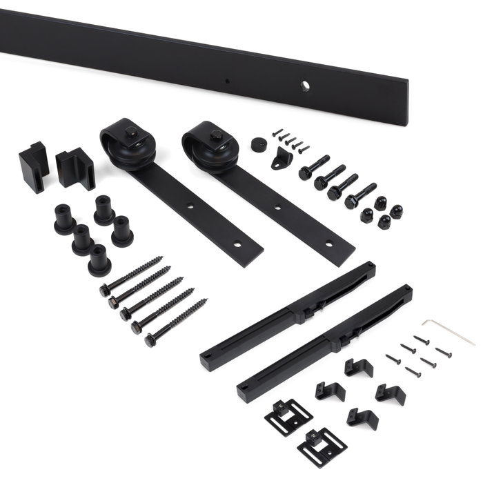 Emuca Kit de herrajes para una puerta corredera colgada de madera Barn, Con cierre suave, tableros no incluidos, Acero y Plástico, Pintado negro