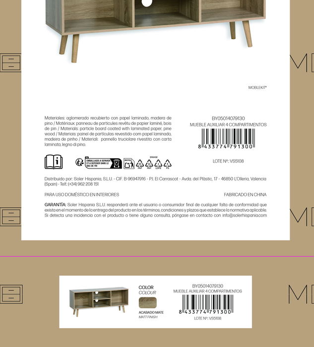 Inde Mueble Auxiliar Moblekit con 4 Compartimentos, 110 x 29 x 47 cm (Al x An x Pr)