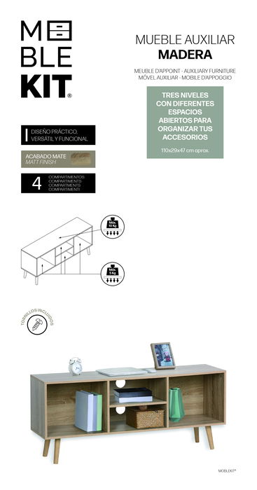 Inde Mueble Auxiliar Moblekit con 4 Compartimentos, 110 x 29 x 47 cm (Al x An x Pr)