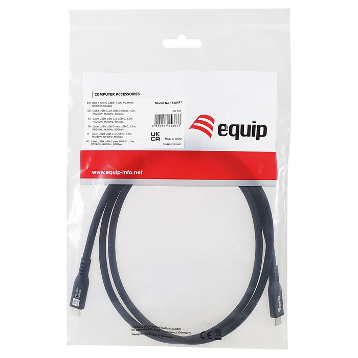 EQUIP 128441 Cable USB-C a USB-C 4.0 80Gbps, USB4 Gen4x2, PD240W, DisplayPort 1.4a, 8K, HDR10, 1.2m, Negro