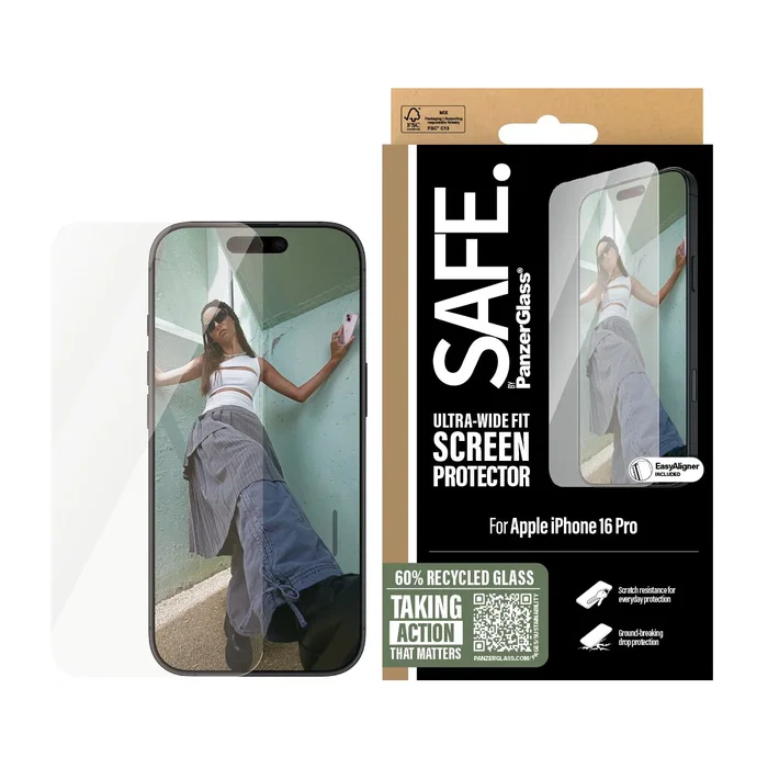 PanzerGlass Protector de Pantalla Vidrio Templado SAFE Ultra-Wide Fit para iPhone 16 Pro - 1 Pieza, Transparente, Aplicación en Seco