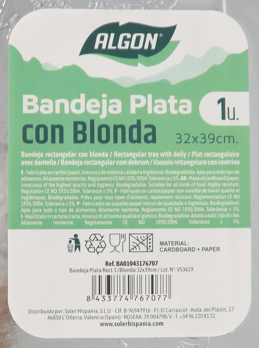Algon Bandeja Plata Rectangular con Blonda 32x39cm Algo