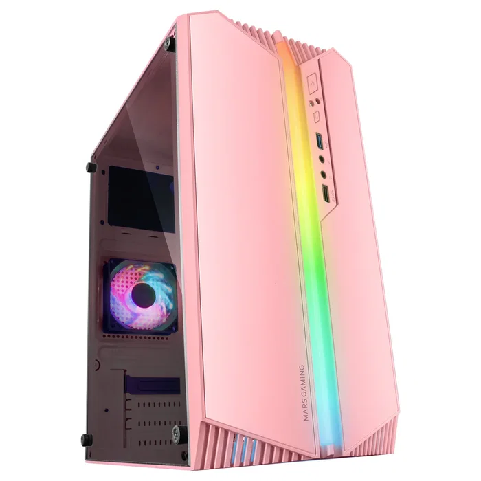 Mars Gaming Caja Gaming Micro-ATX MC-S1 Rosa Mini Tower con Iluminación ARGB, Ventana Lateral y Ventilador FRGB Incluido