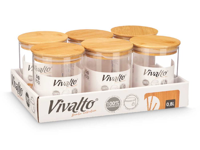 Vivalto Set de 12 Tarros Redondos de Borosilicato con Tapa de Bambú, 800 ml