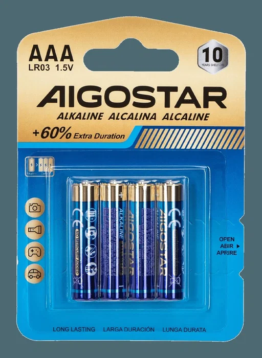Aigostar Pilas Alcalinas LR03 (AAA) 1.5V, 4 unidades