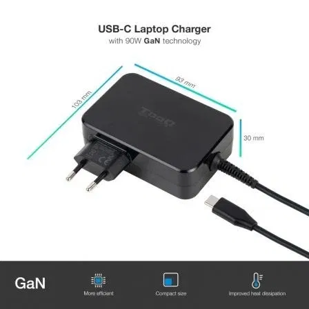 TooQ Cargador Portátil GaN 90W TQLC-USBCGAN90PD - USB-C PD, Automático 5-20V, Compatible con Mac, Cable 1.8m, Certificaciones CE/FCC/RoHS TooQ Cargador Portátil GaN 90W TQLC-USBCGAN90PD - USB-C PD, Automático 5-20V, Compatible con Mac, Cable 1.8m, Certificaciones CE/FCC/RoHS