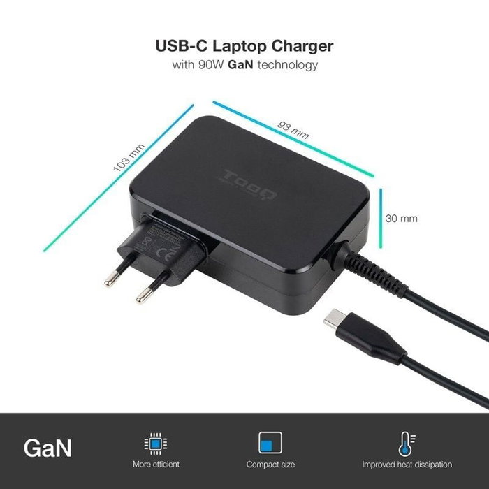 TOOQ Cargador de Portátil GaN 90W USB-C PD 3.0 Negro