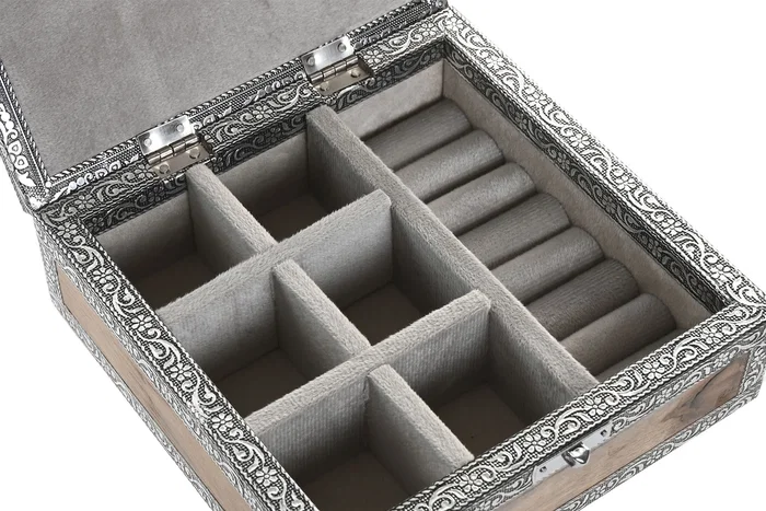DKD Home Decor Joyero Árabe Plateado Gris 18x6x18 cm Madera y Aluminio (2 Unidades)