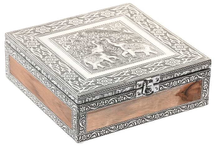 DKD Home Decor Joyero Árabe Plateado Gris 18x6x18 cm Madera y Aluminio (2 Unidades)