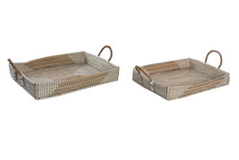 DKD Home Decor Set de 2 Bandejas de Decoración Seagrass Natural y Amarillo 52x38x15 cm