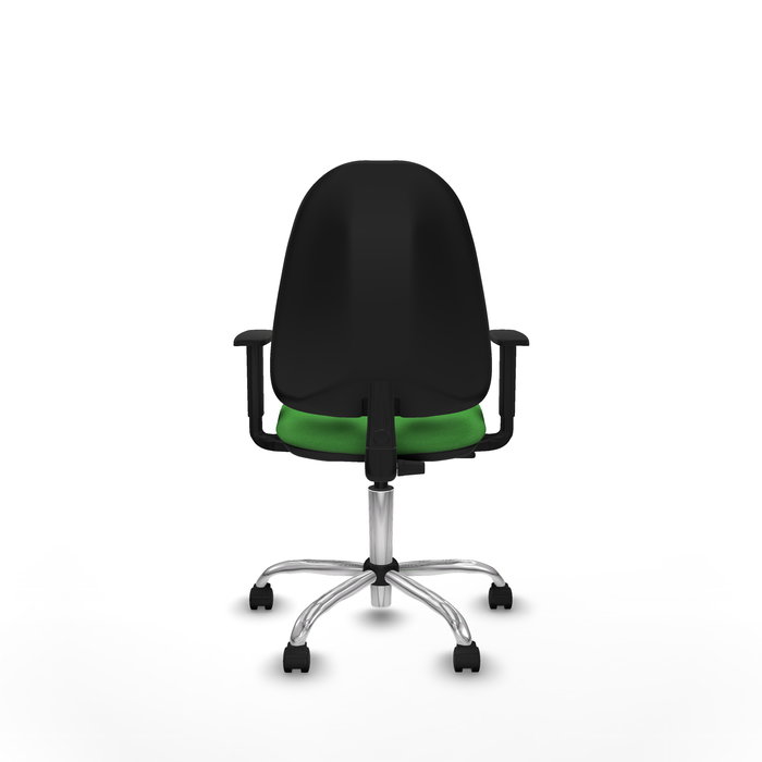 Silla de oficina Algarra con mecanismo Contacto permanente básico tapizada con Tela color Verde. Equipada con Base cromada, Brazos 1D y Ruedas de nailon 50 mm