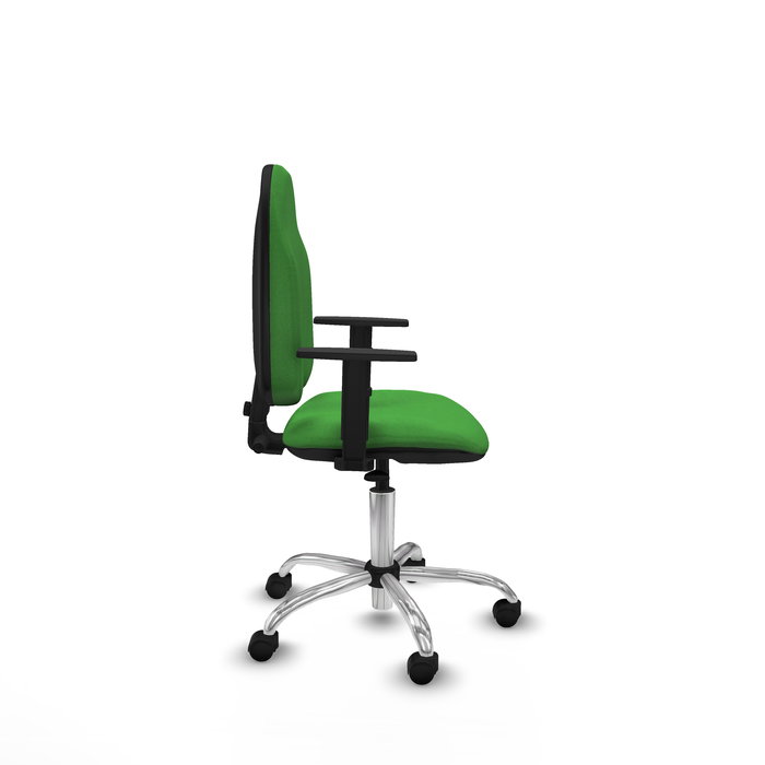 Silla de oficina Algarra con mecanismo Contacto permanente básico tapizada con Tela color Verde. Equipada con Base cromada, Brazos 1D y Ruedas de nailon 50 mm