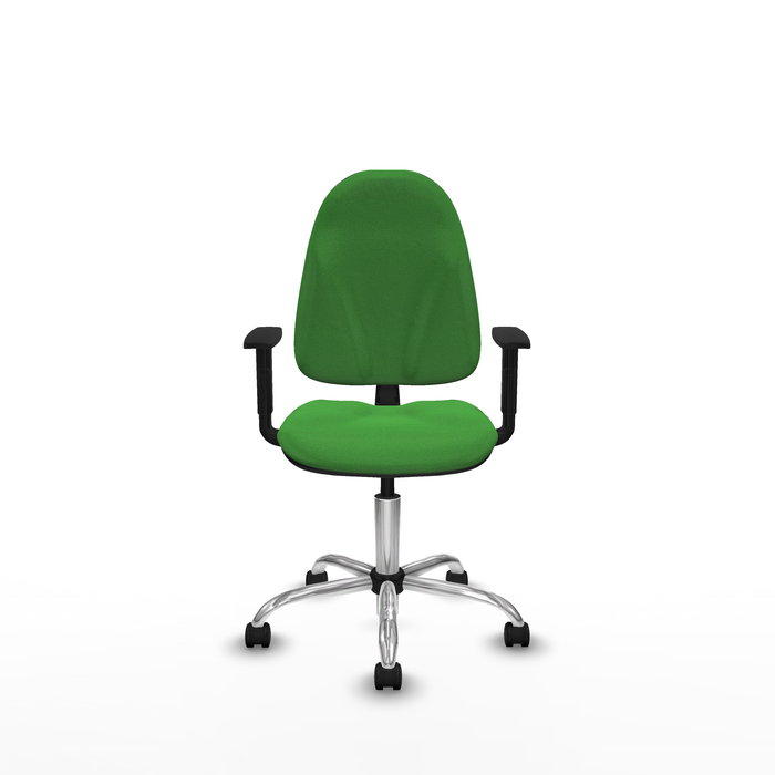 Silla de oficina Algarra con mecanismo Contacto permanente básico tapizada con Tela color Verde. Equipada con Base cromada, Brazos 1D y Ruedas de nailon 50 mm