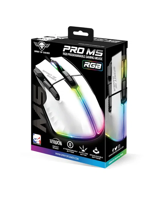 Spirit of Gamer PRO-M5 Ratón Gaming Óptico USB para PC con 12800 DPI, 8 Botones, Iluminación LED RGB, Cable 1.7m, Blanco, para Mano Derecha
