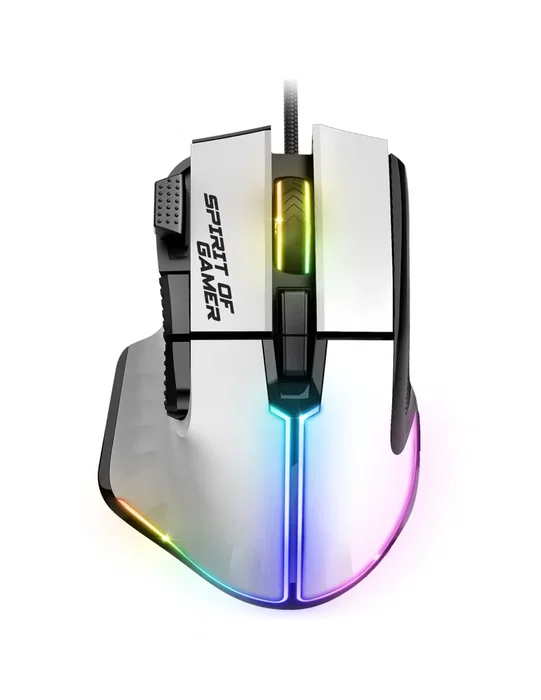 Spirit of Gamer PRO-M5 Ratón Gaming Óptico USB para PC con 12800 DPI, 8 Botones, Iluminación LED RGB, Cable 1.7m, Blanco, para Mano Derecha