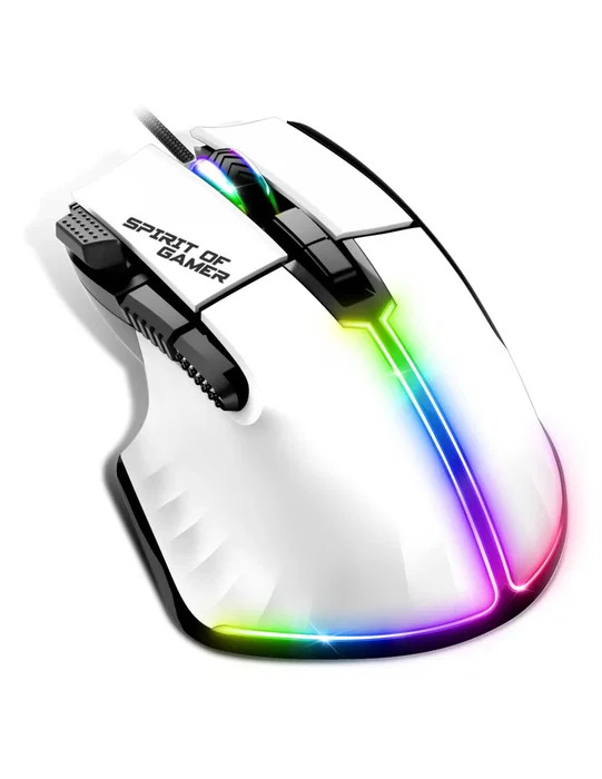 Spirit of Gamer PRO-M5 Ratón Gaming Óptico USB para PC con 12800 DPI, 8 Botones, Iluminación LED RGB, Cable 1.7m, Blanco, para Mano Derecha