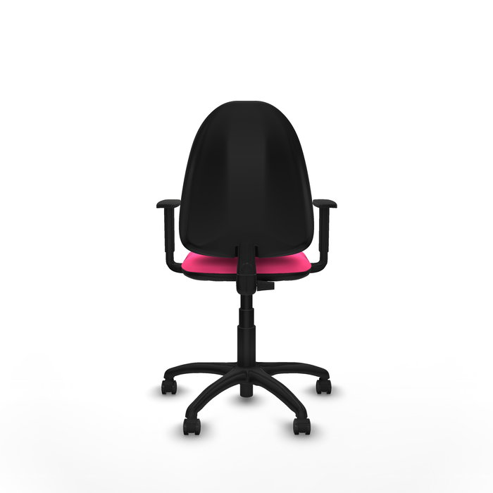 Silla de oficina Aýna con mecanismo Contacto permanente básico tapizada con Similpiel color Rosa. Equipada con Base poliamida negra, Brazos 1D y Ruedas de parqué