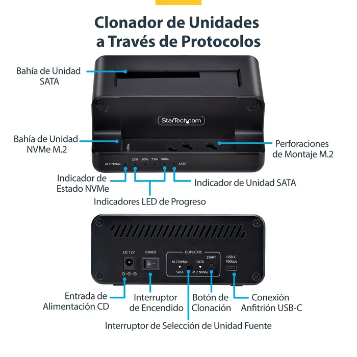 StarTech.com Duplicador/Acoplamiento de Datos N2-M2-SSD-DUPLICATOR - Clonador Autónomo Bidireccional de Unidades M.2 NVMe a SATA 2.5/3.5" USB-C, Negro StarTech.com Duplicador/Acoplamiento de Datos N2-M2-SSD-DUPLICATOR - Clonador Autónomo Bidireccional de Unidades M.2 NVMe a SATA 2.5/3.5" USB-C, Negro