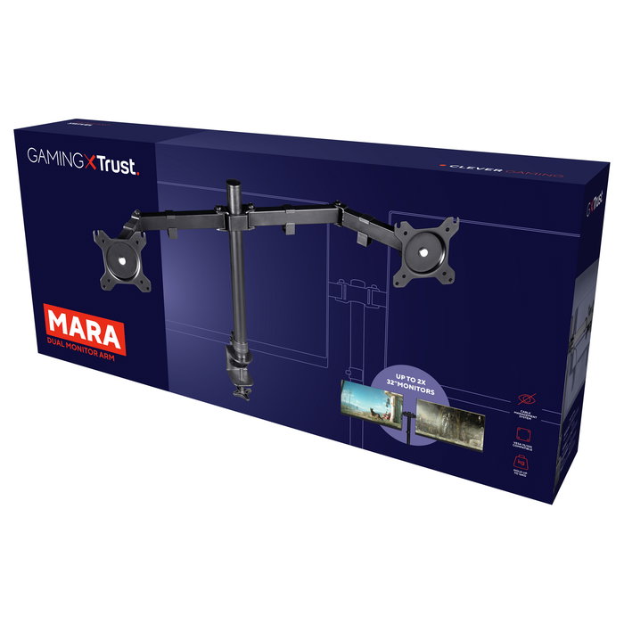 Trust GXT 1120 Mara Brazo Dual para Monitores - Soporte de Abrazadera para 2 Pantallas hasta 32" (81.3 cm) y 16 kg, Ajuste de Altura e Inclinación, Negro